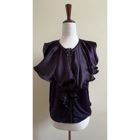 LANVIN Eggplant Purple Silk Chiffon & Jersey Embellished Blouse Size S - Picture 1 of 9